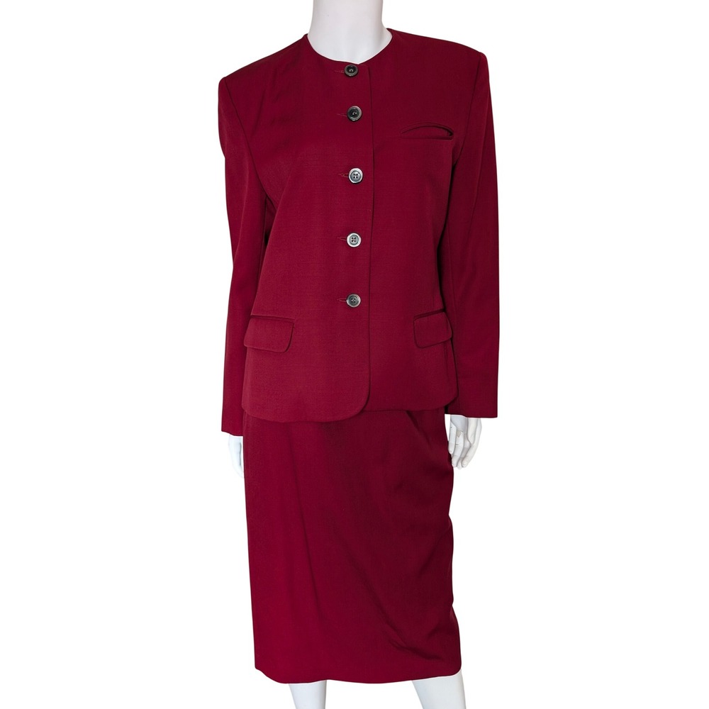 VTG 90s Talbots‎ Red 2 Piece Skirt Suit 8 Wool Midi Classic Career Office French